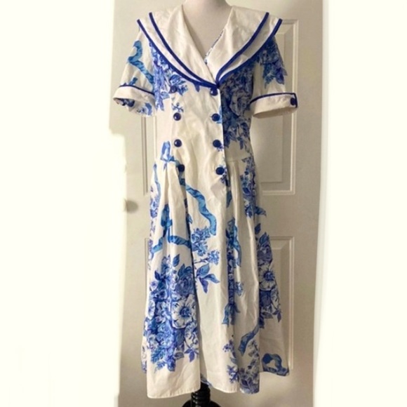 Vintage Dresses & Skirts - Vintage Sunshine Starshine 80s Toile Porcelain chinoiserie  dress button front